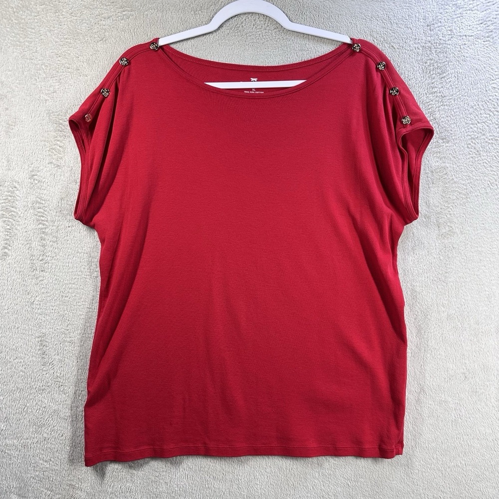 Talbots Pima Cotton Short Sleeve Top Women's XL Red Decorative Shoulder Buttons